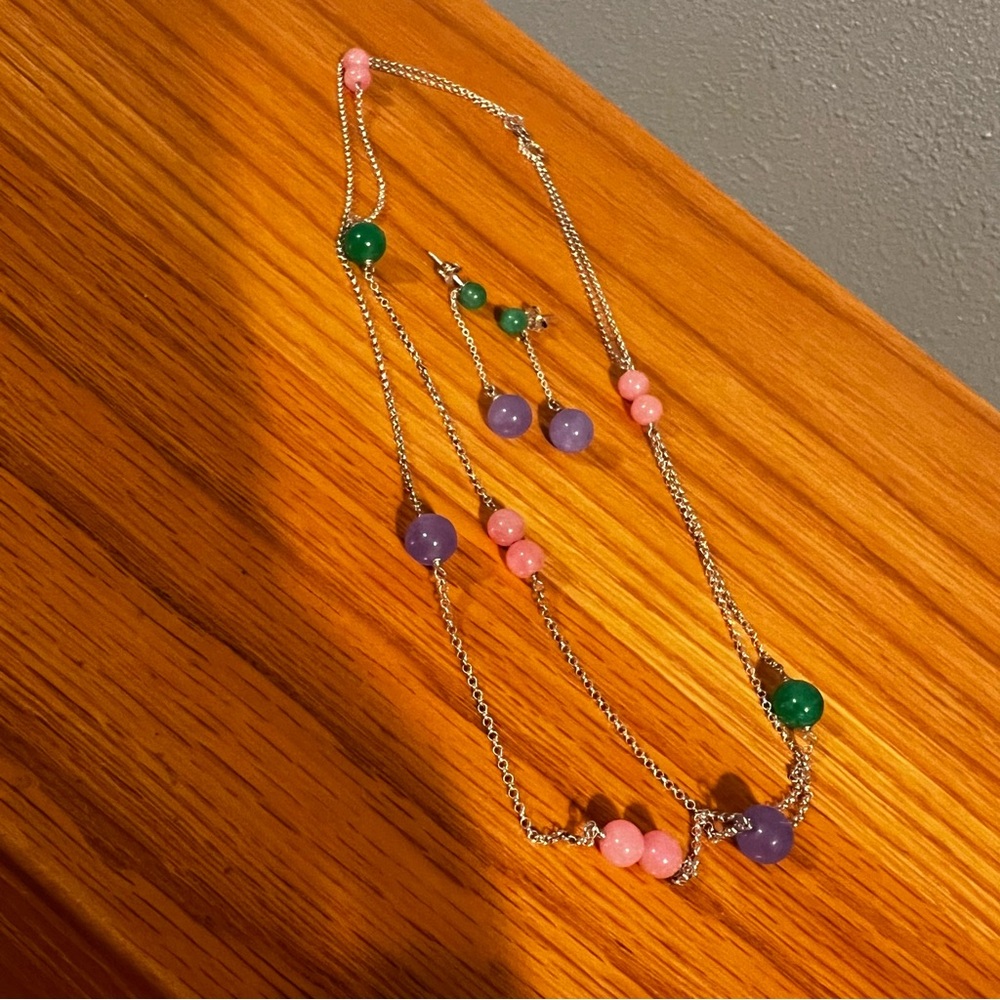CLOSET CLOSING Sterling silver Necklace Earring set pink purple green